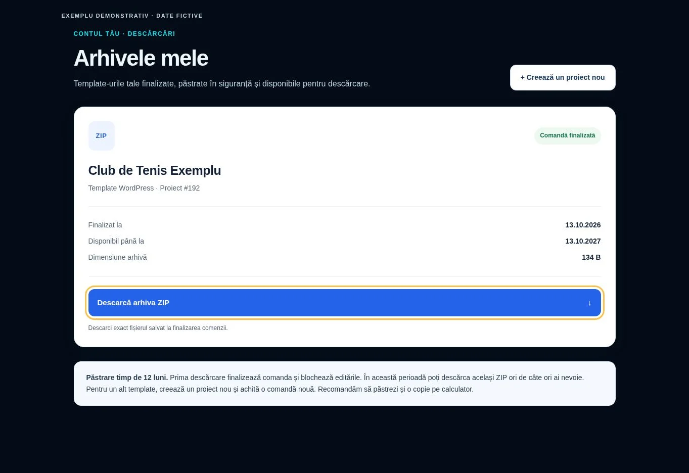 Arhiva finală disponibilă în cont — exemplu cu date fictive