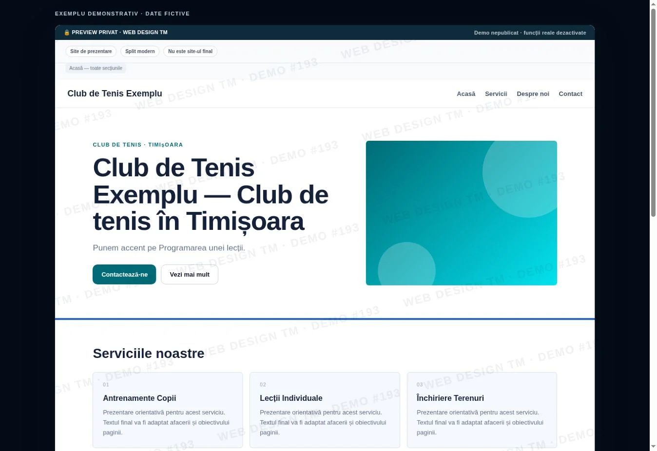 Previzualizarea unui site demonstrativ — exemplu cu date fictive