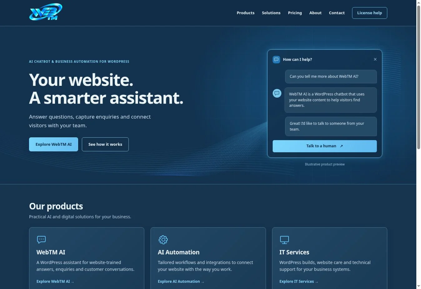 Captură a noii pagini principale WebTM AI – web-tm.eu